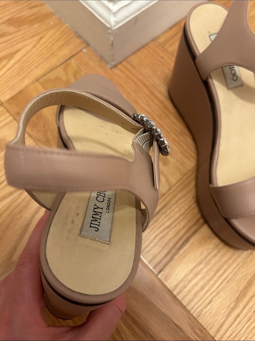 Jimmy Choo Nude Taupe Leather Wedge Sandals with Crystal Buckles - Picture 5 of 13